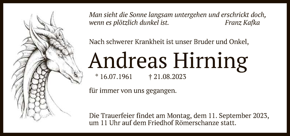  Traueranzeige für Andreas Hirning vom 26.08.2023 aus Reutlinger General-Anzeiger