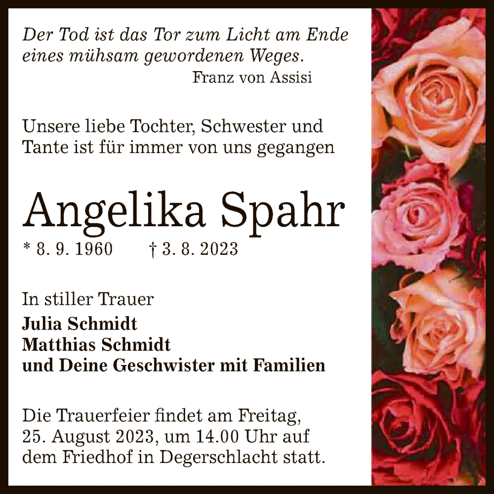  Traueranzeige für Angelika Spahr vom 12.08.2023 aus Reutlinger General-Anzeiger