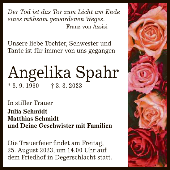 Anzeige von Angelika Spahr von Reutlinger General-Anzeiger