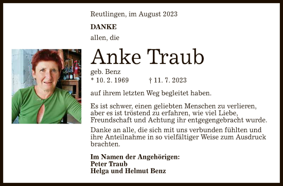 Anzeige von Anke Traub von Reutlinger General-Anzeiger