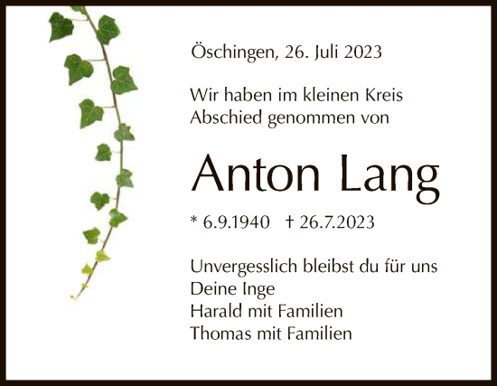 Anzeige von Anton Lang von Reutlinger General-Anzeiger