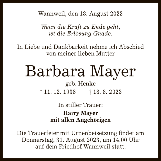 Anzeige von Barbara Mayer von Reutlinger General-Anzeiger