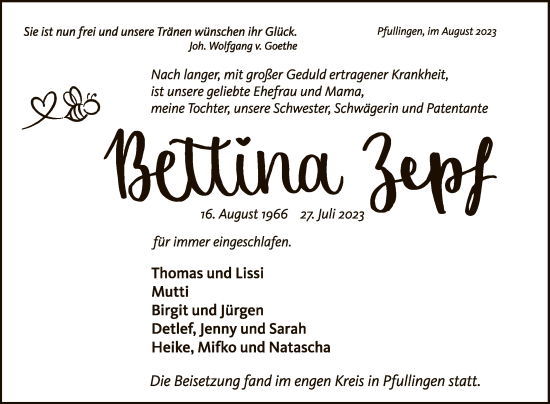Anzeige von Bettina Zepf von Reutlinger General-Anzeiger