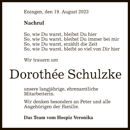 Anzeige von Dorothée Schulzke von Reutlinger General-Anzeiger