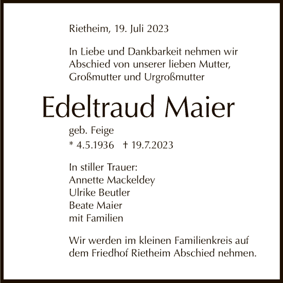 Anzeige von Edeltraud Maier von Reutlinger General-Anzeiger