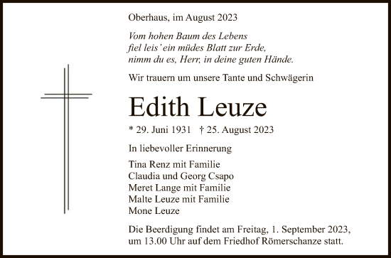 Anzeige von Edith Leuze von Reutlinger General-Anzeiger