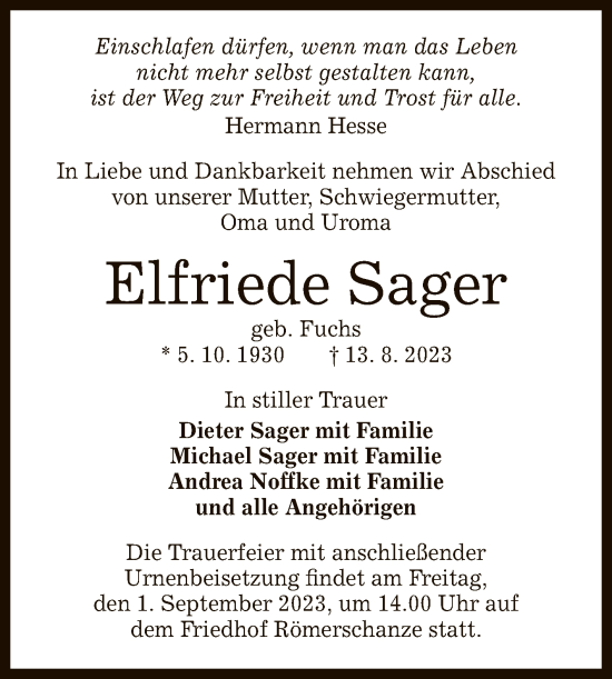 Anzeige von Elfriede Sager von Reutlinger General-Anzeiger