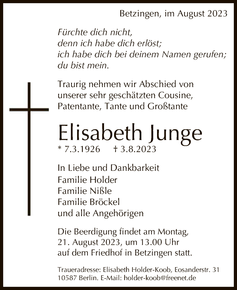  Traueranzeige für Elisabeth Junge vom 11.08.2023 aus Reutlinger General-Anzeiger