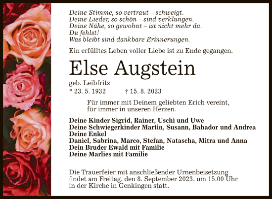 Anzeige von Else Augstein von Reutlinger General-Anzeiger