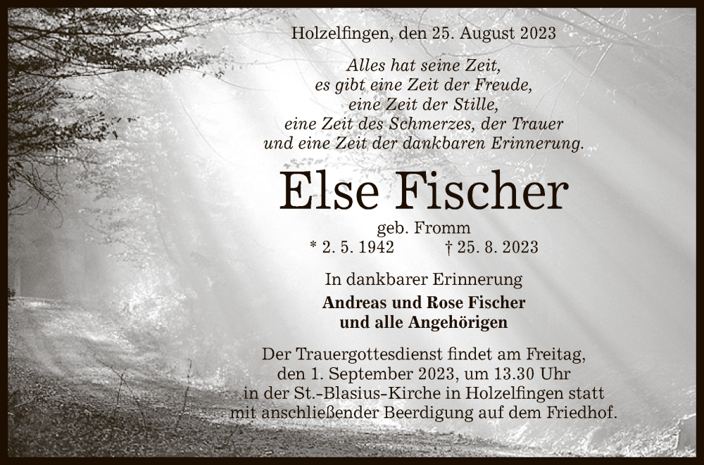  Traueranzeige für Else Fischer vom 29.08.2023 aus Reutlinger General-Anzeiger
