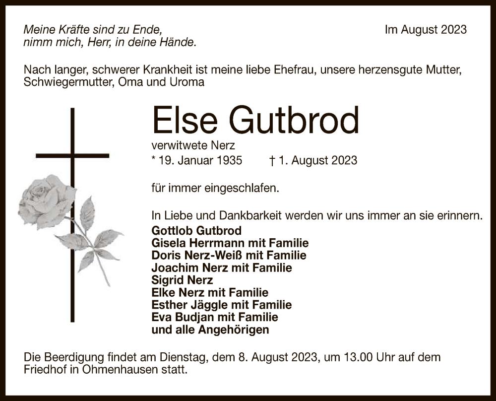  Traueranzeige für Else Gutbrod vom 04.08.2023 aus Reutlinger General-Anzeiger