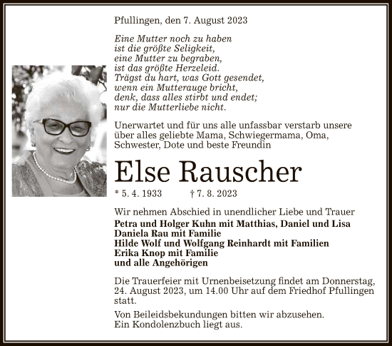 Anzeige von Else Rauscher von Reutlinger General-Anzeiger