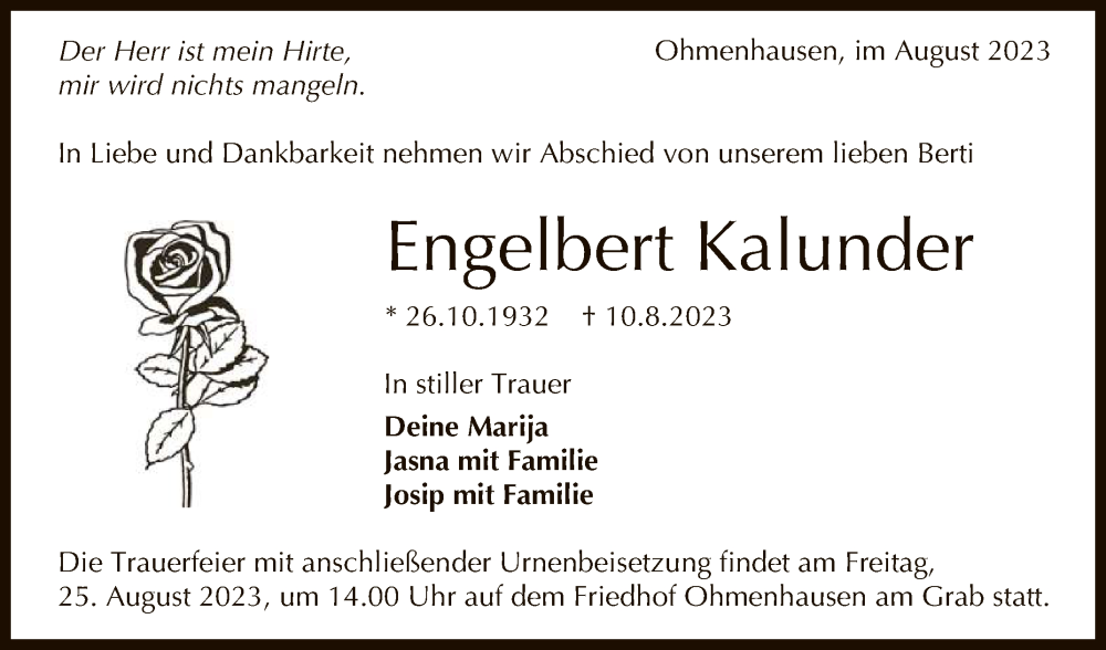  Traueranzeige für Engelbert Kalunder vom 23.08.2023 aus Reutlinger General-Anzeiger