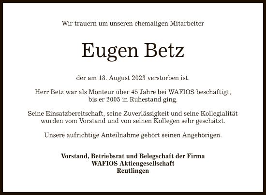 Anzeige von Eugen Betz von Reutlinger General-Anzeiger