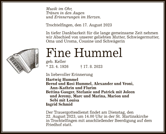Anzeige von Fine Hummel von Reutlinger General-Anzeiger