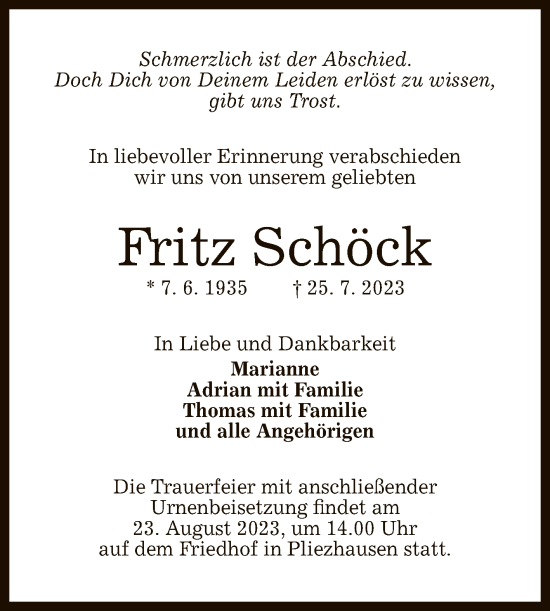 Anzeige von Fritz Schöck von Reutlinger General-Anzeiger