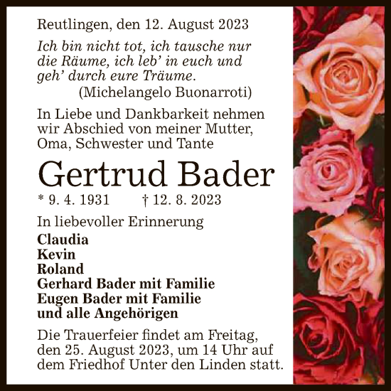 Anzeige von Gertrud Bader von Reutlinger General-Anzeiger