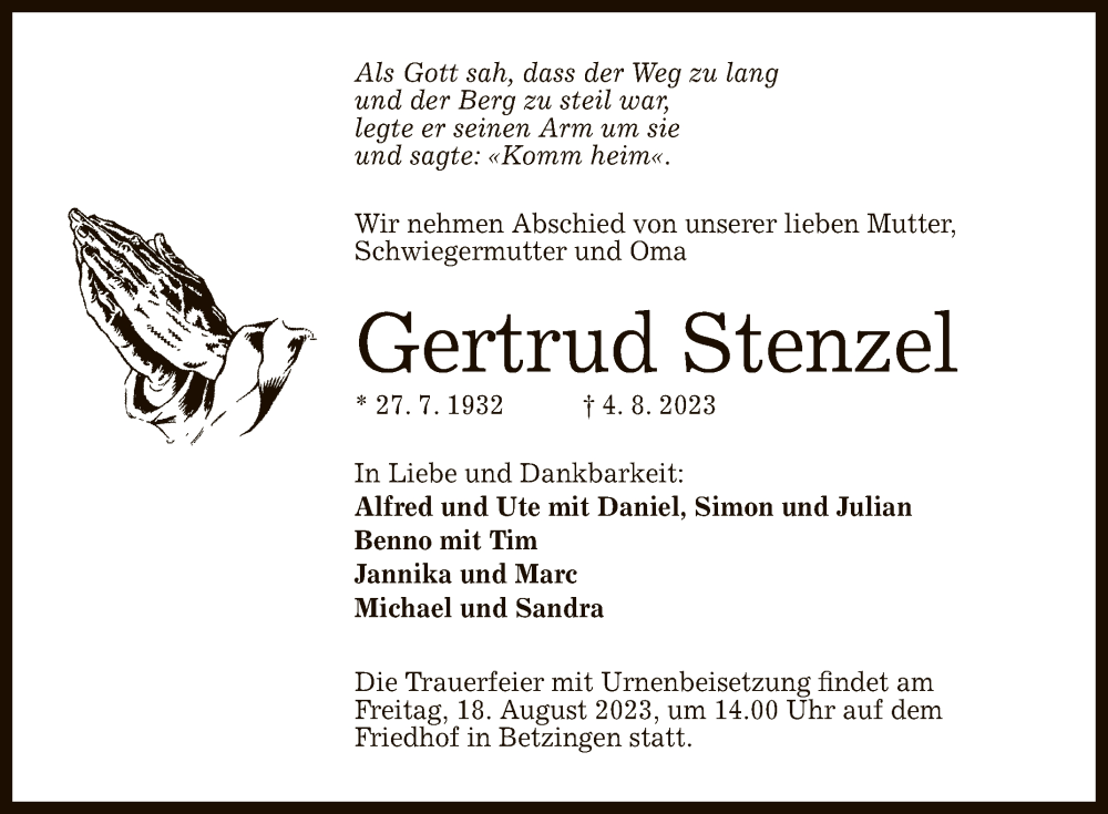  Traueranzeige für Gertrud Stenzel vom 14.08.2023 aus Reutlinger General-Anzeiger