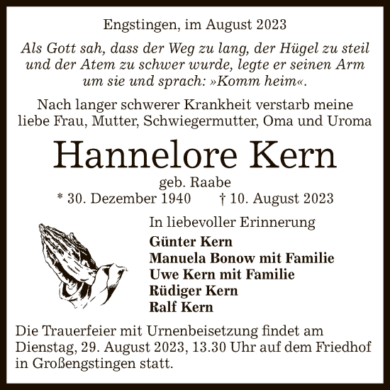 Anzeige von Hannelore Kern von Reutlinger General-Anzeiger