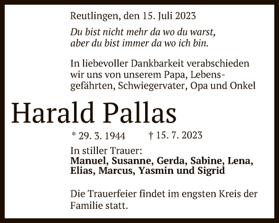 Anzeige von Harald Pallas von Reutlinger General-Anzeiger