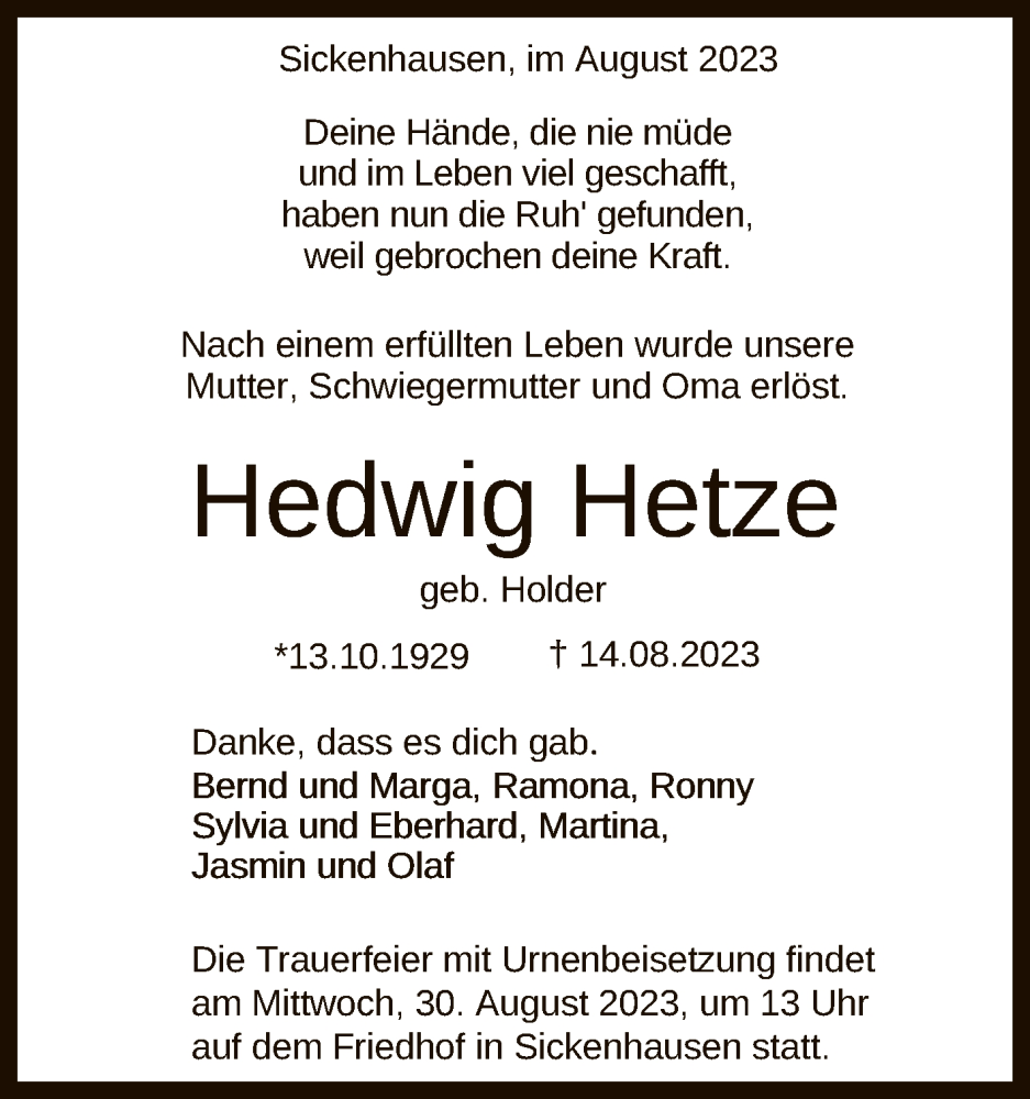  Traueranzeige für Hedwig Hetze vom 25.08.2023 aus Reutlinger General-Anzeiger