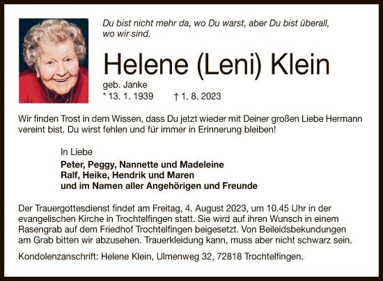 Anzeige von Helene Klein von Reutlinger General-Anzeiger