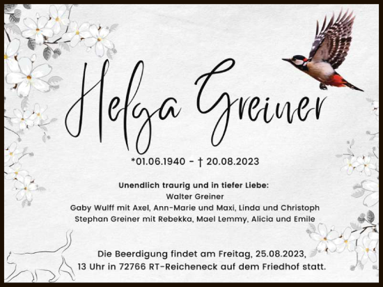 Anzeige von Helga Greiner von Reutlinger General-Anzeiger