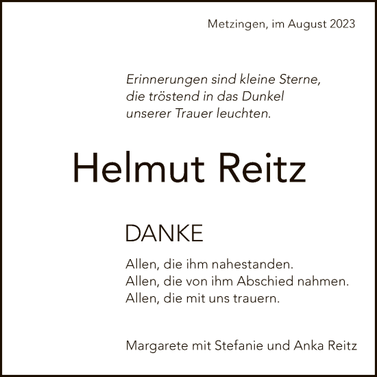 Anzeige von Helmut Reitz von Reutlinger General-Anzeiger
