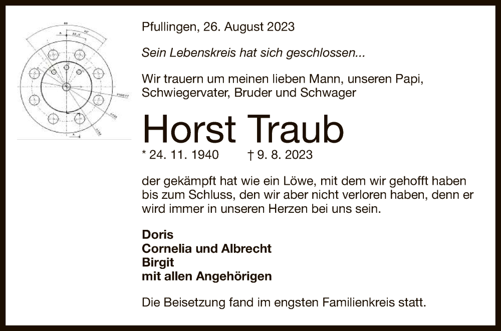  Traueranzeige für Horst Traub vom 26.08.2023 aus Reutlinger General-Anzeiger