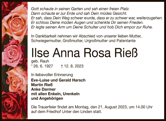 Anzeige von Ilse Anna Rosa Rieß von Reutlinger General-Anzeiger