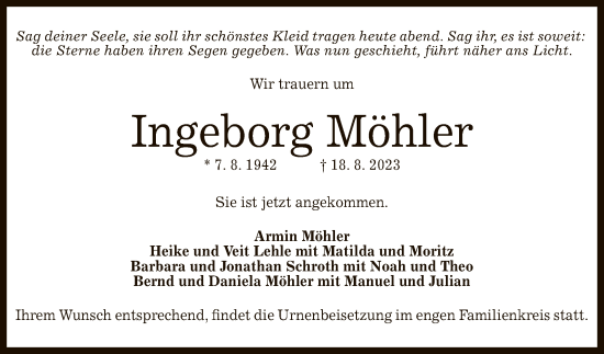 Anzeige von Ingeborg Möhler von Reutlinger General-Anzeiger