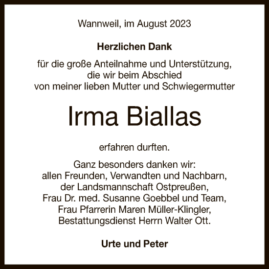 Anzeige von Irma Biallas von Reutlinger General-Anzeiger