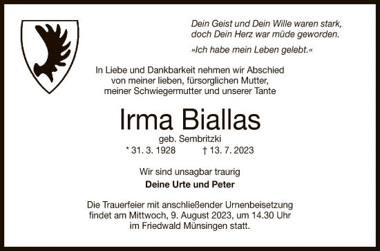 Anzeige von Irma Biallas von Reutlinger General-Anzeiger