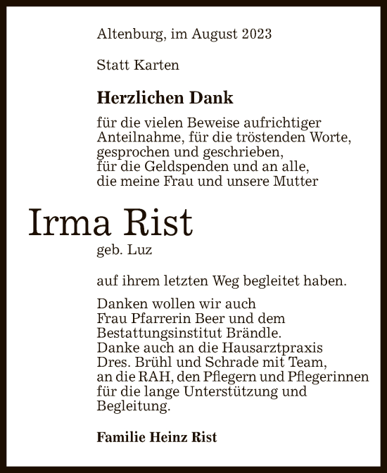 Anzeige von Irma Rist von Reutlinger General-Anzeiger