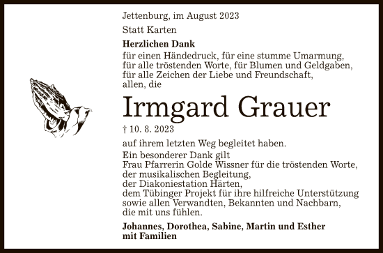 Anzeige von Irmgard Grauer von Reutlinger General-Anzeiger