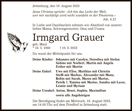 Anzeige von Irmgard Grauer von Reutlinger General-Anzeiger