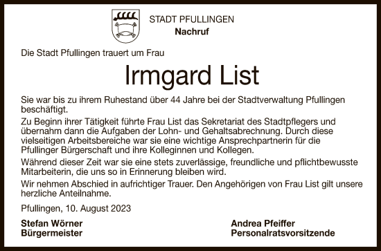 Anzeige von Irmgard List von Reutlinger General-Anzeiger