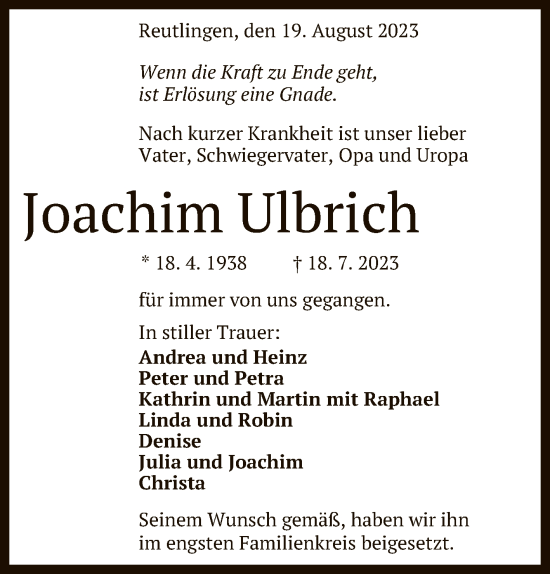 Anzeige von Joachim Ulbrich von Reutlinger General-Anzeiger