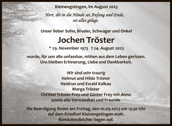 Anzeige von Jochen Tröster von Reutlinger General-Anzeiger