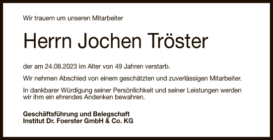 Anzeige von Jochen Tröster von Reutlinger General-Anzeiger