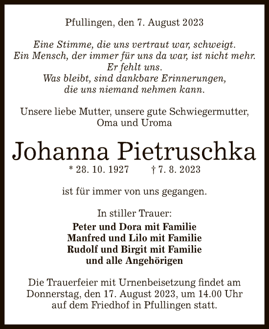 Anzeige von Johanna Pietruschka von Reutlinger General-Anzeiger