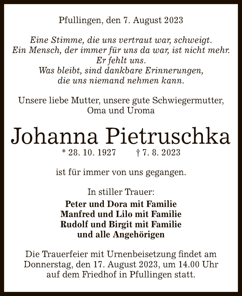  Traueranzeige für Johanna Pietruschka vom 15.08.2023 aus Reutlinger General-Anzeiger