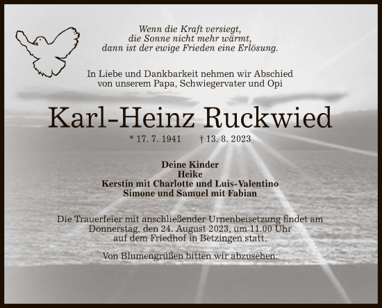 Anzeige von Karl-Heinz Ruckwied von Reutlinger General-Anzeiger