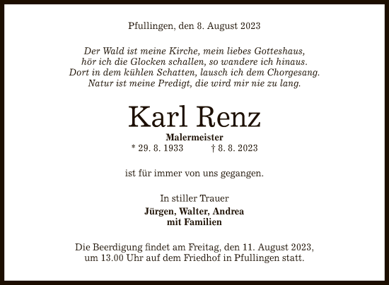 Anzeige von Karl Renz von Reutlinger General-Anzeiger