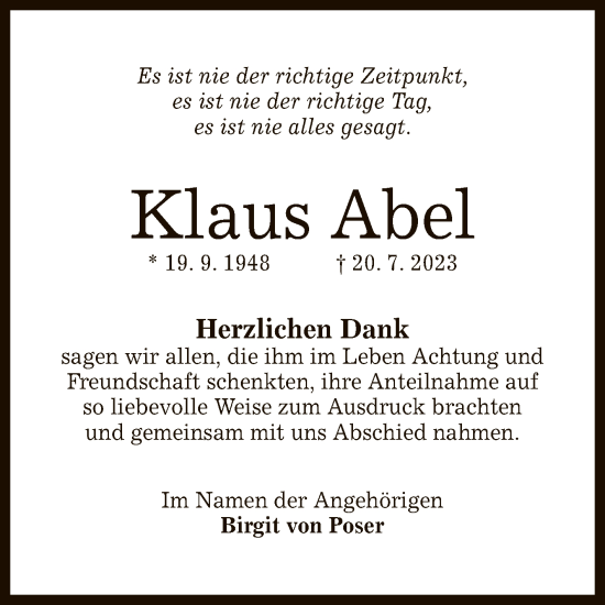 Anzeige von Klaus Abel von Reutlinger General-Anzeiger