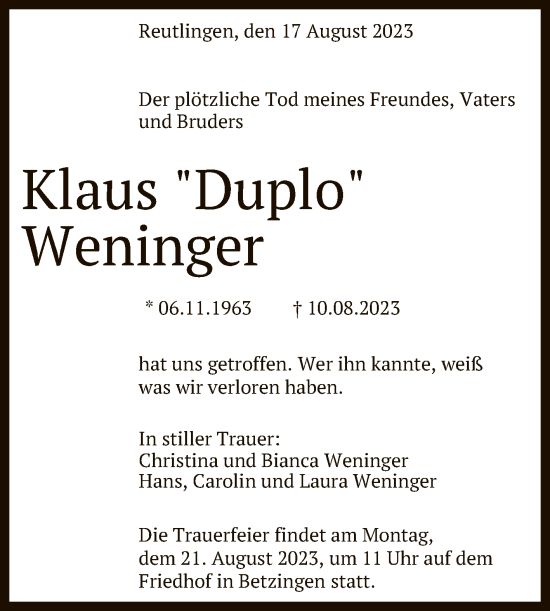 Anzeige von Klaus Weninger von Reutlinger General-Anzeiger