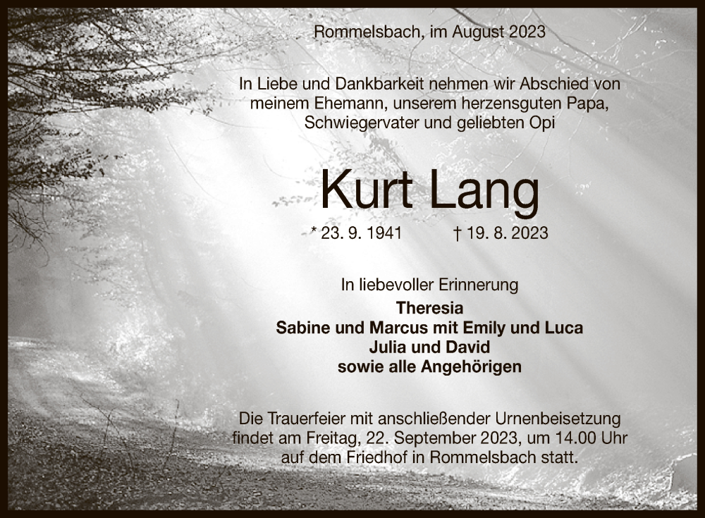  Traueranzeige für Kurt Lang vom 26.08.2023 aus Reutlinger General-Anzeiger