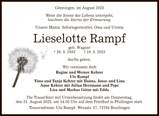 Anzeige von Lieselotte Rampf von Reutlinger General-Anzeiger