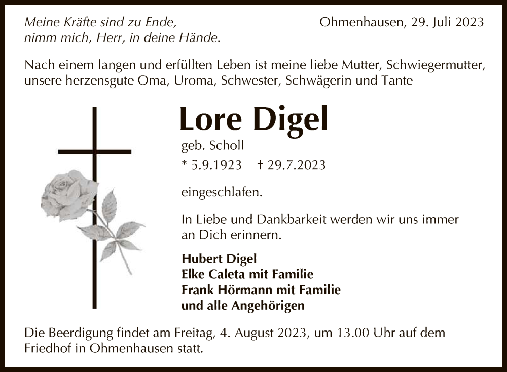 Traueranzeige für Lore Digel vom 02.08.2023 aus Reutlinger General-Anzeiger