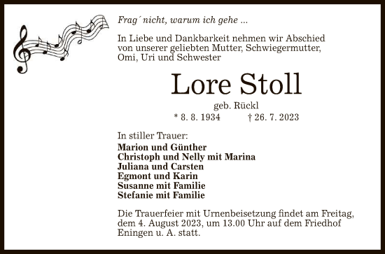 Anzeige von Lorer Stoll von Reutlinger General-Anzeiger